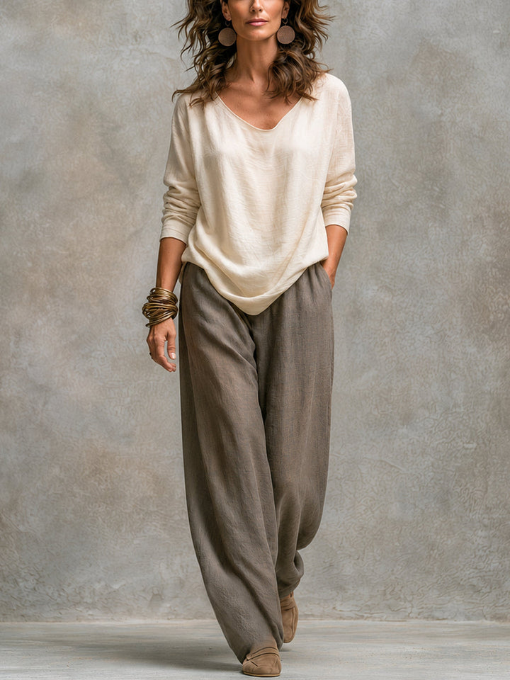 Costanza | Ensemble de Trois Pièces Beige et Gris, Casual en Couches, avec Pantalon Palazzo, Élégant