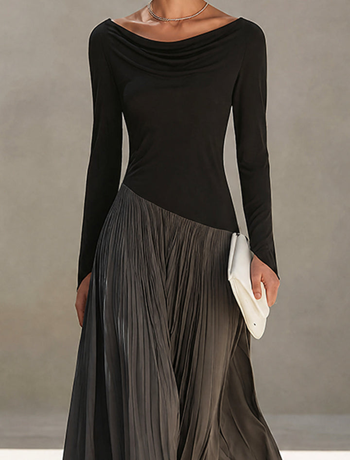 Marina | Robe Maxi Plissée avec Col Drapé Bicolore Noir et Gris