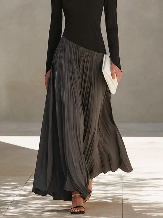 Marina | Robe Maxi Plissée avec Col Drapé Bicolore Noir et Gris