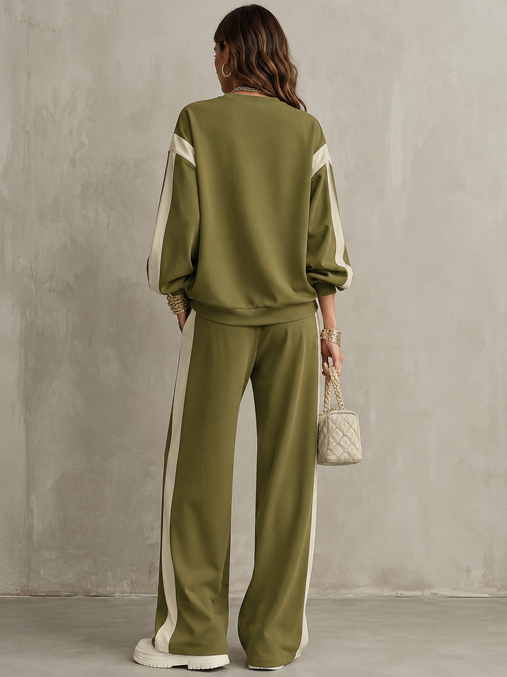 Sonia | Ensemble Décontracté en Sweat à Capuche Vert Olive à Col Rond et Pantalon Large avec Cordons
