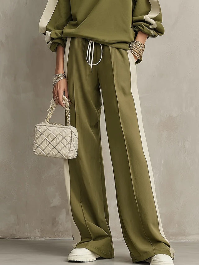 Sonia | Ensemble Décontracté en Sweat à Capuche Vert Olive à Col Rond et Pantalon Large avec Cordons