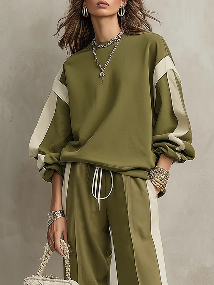 Sonia | Ensemble Décontracté en Sweat à Capuche Vert Olive à Col Rond et Pantalon Large avec Cordons