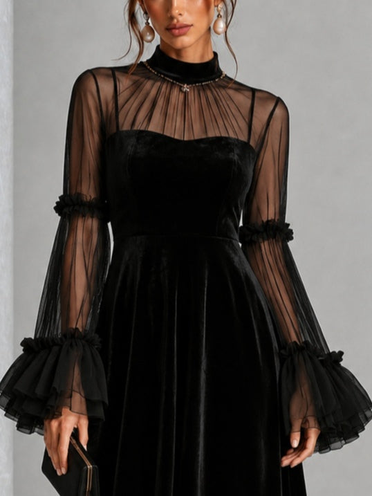 Stefania | Robe Midi Plissée en Velours Noir et Tulle Transparent