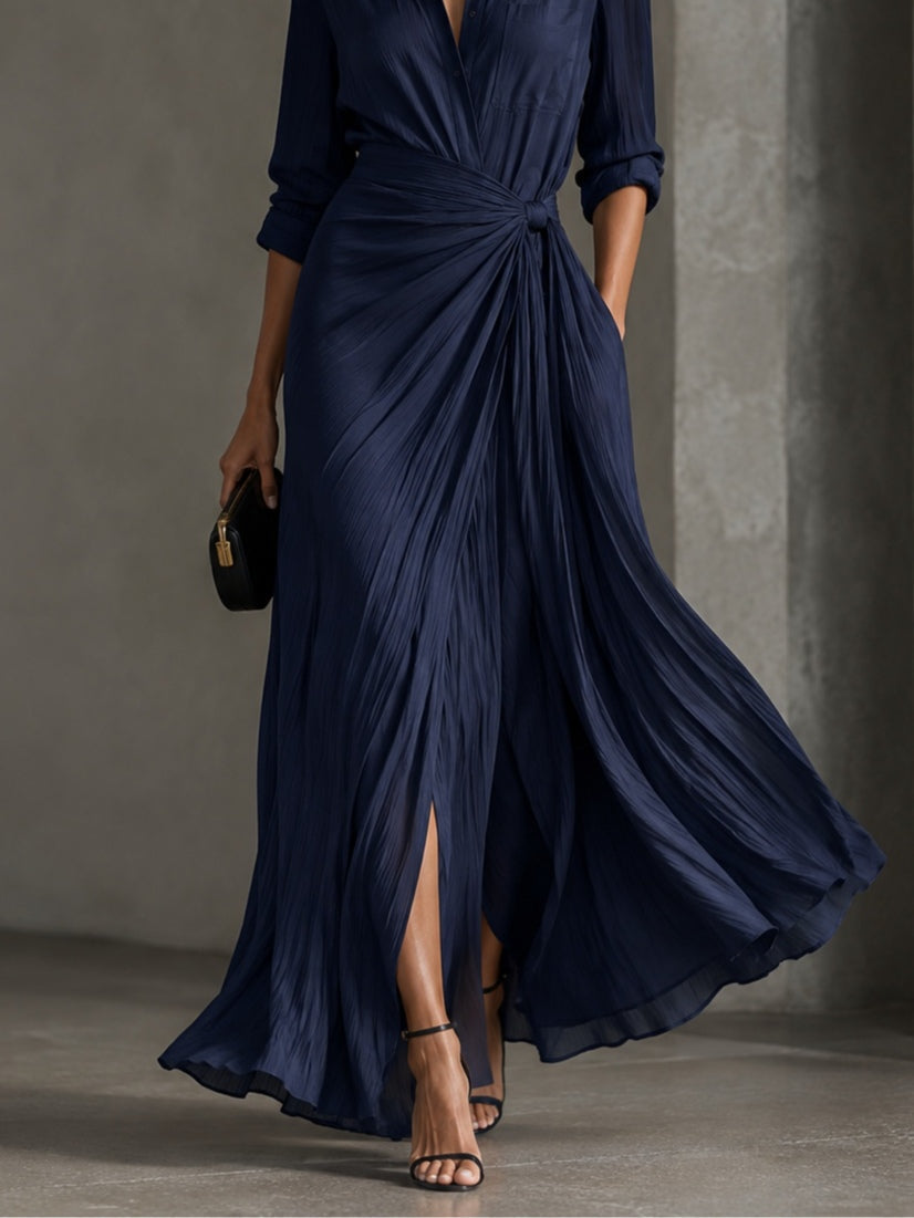 Gabriella | Élégant Robe Chemise Maxi Bleu Marine Nouée