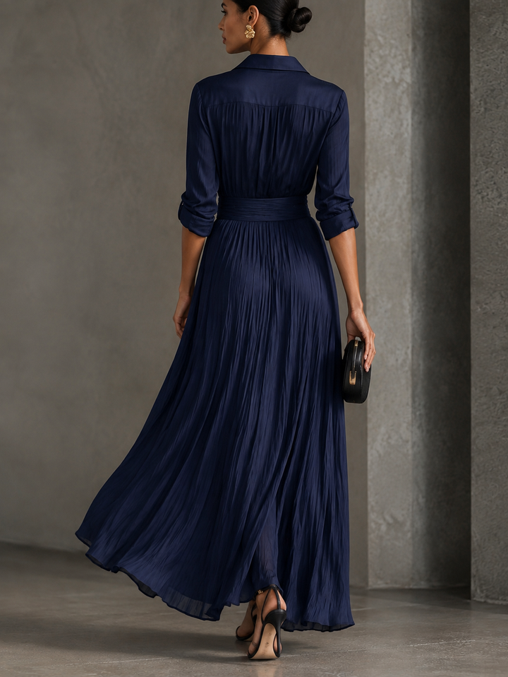 Gabriella | Élégant Robe Chemise Maxi Bleu Marine Nouée