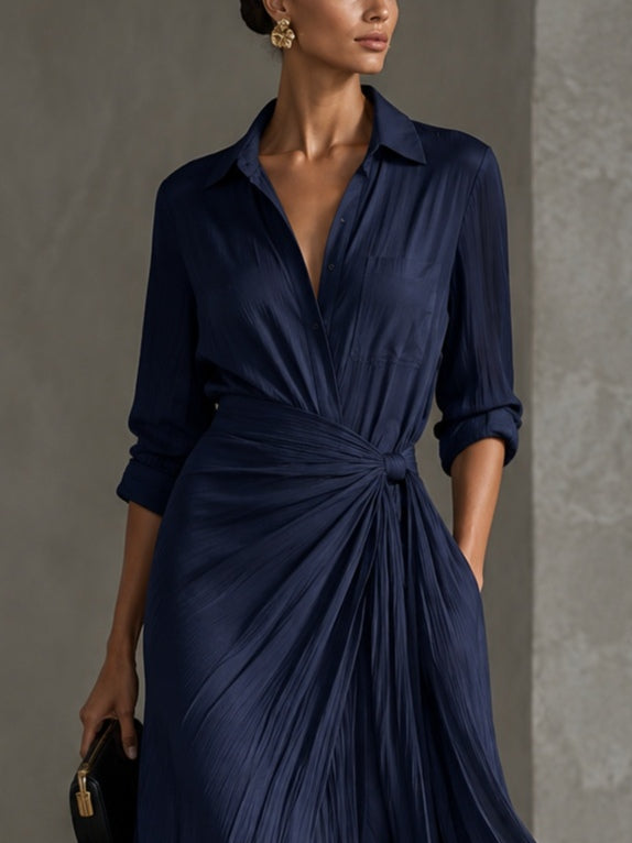Gabriella | Élégant Robe Chemise Maxi Bleu Marine Nouée