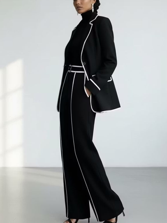 Claudia | Ensemble de Deux Pièces de Blazer avec Bordure en Contraste Noir et Pantalon à Jambe Large