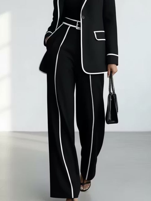 Claudia | Ensemble de Deux Pièces de Blazer avec Bordure en Contraste Noir et Pantalon à Jambe Large