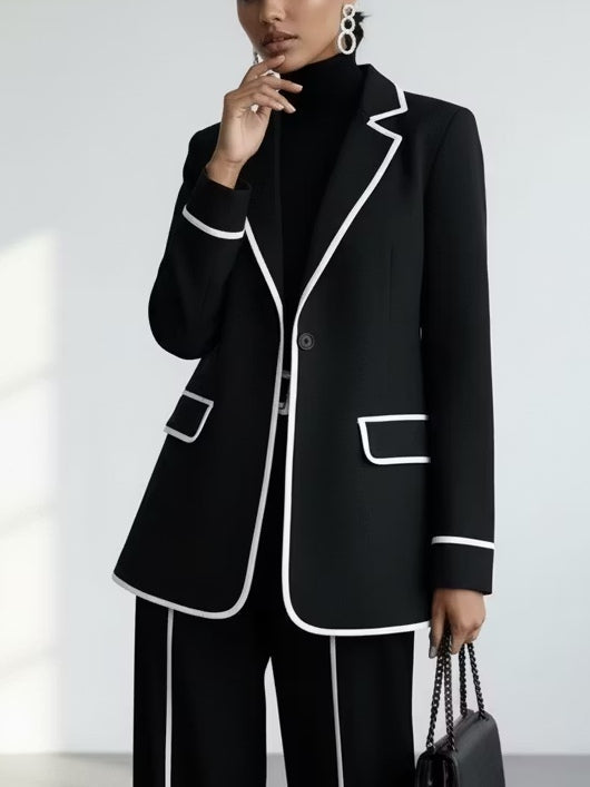 Claudia | Ensemble de Deux Pièces de Blazer avec Bordure en Contraste Noir et Pantalon à Jambe Large