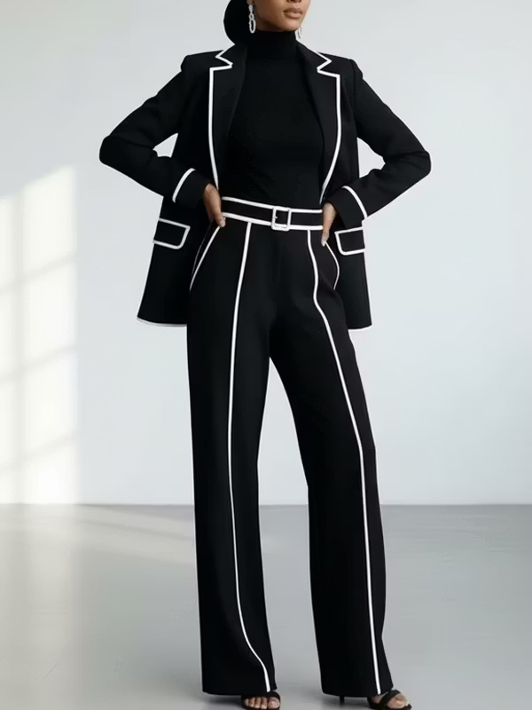 Claudia | Ensemble de Deux Pièces de Blazer avec Bordure en Contraste Noir et Pantalon à Jambe Large
