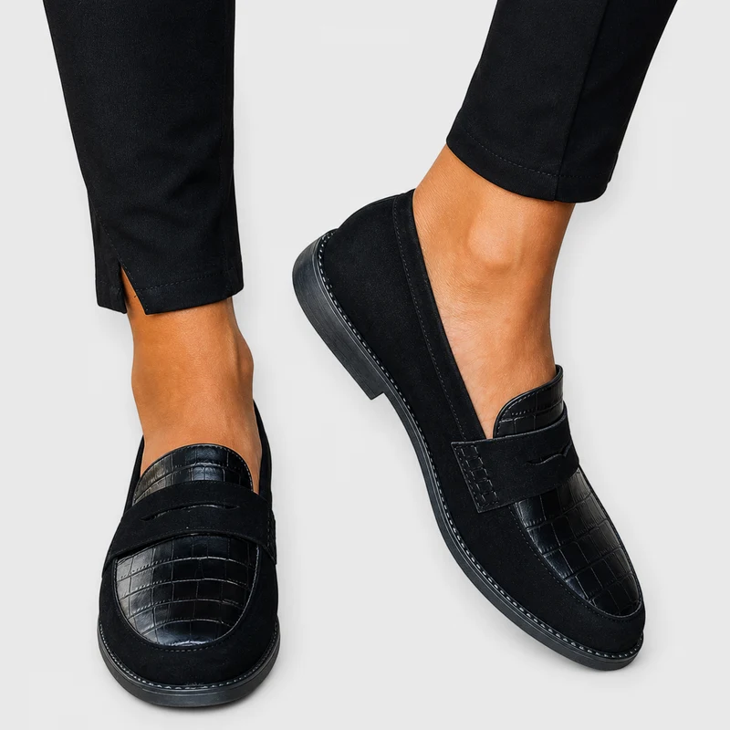 Mocassin Greta — Penny Noir Effet Cuir de Crocodile