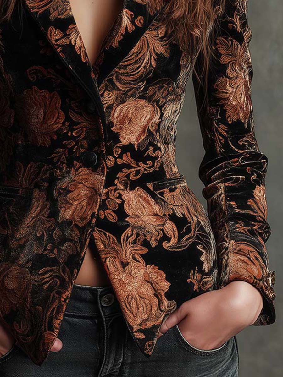 Blazer Satorial Femme avec Imprimé Floral Noir et Bronze