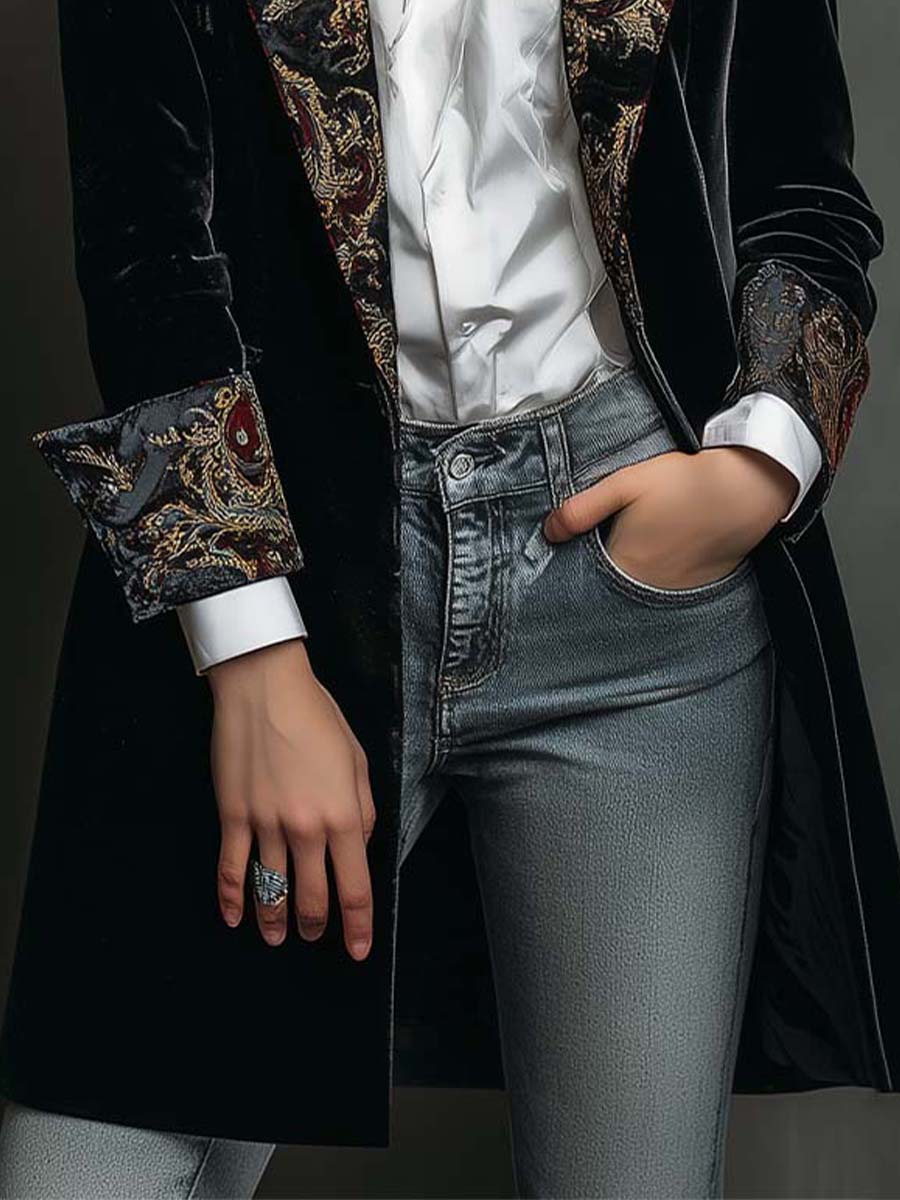 Blazer Femme Slim Fit Noir avec Revers et Imprimé Baroque