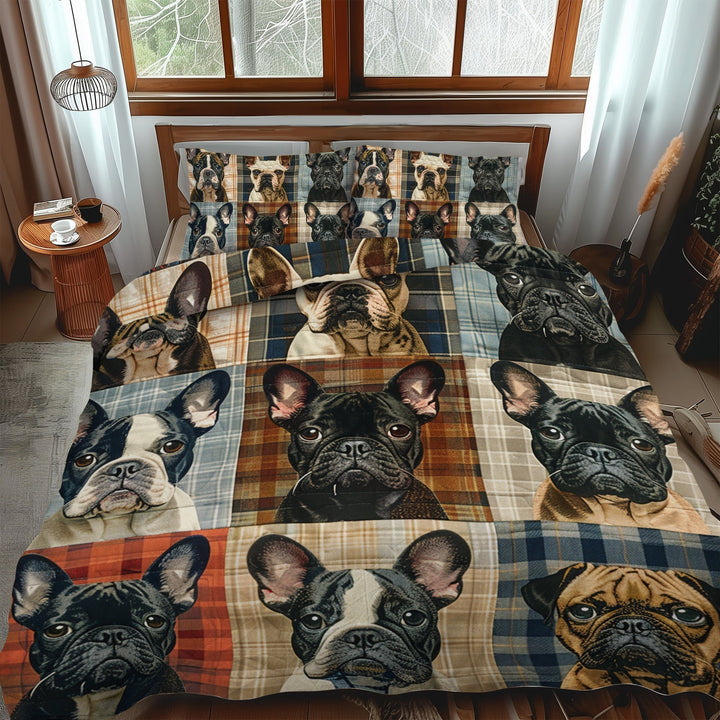 Ensemble de literie 3 pièces Bulldog Français à carreaux
