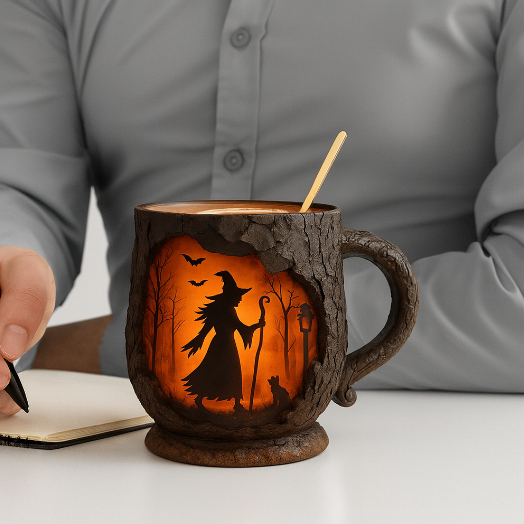 Mug Halloween Embossé Fait Main – Design Sorcière et Chat