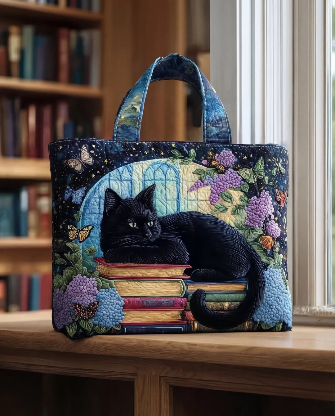 Sac artisanal “Chat noir sur livres”