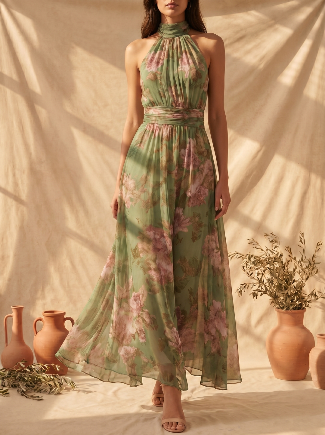 Lidia | Robe Maxi Halter Florale Élégante