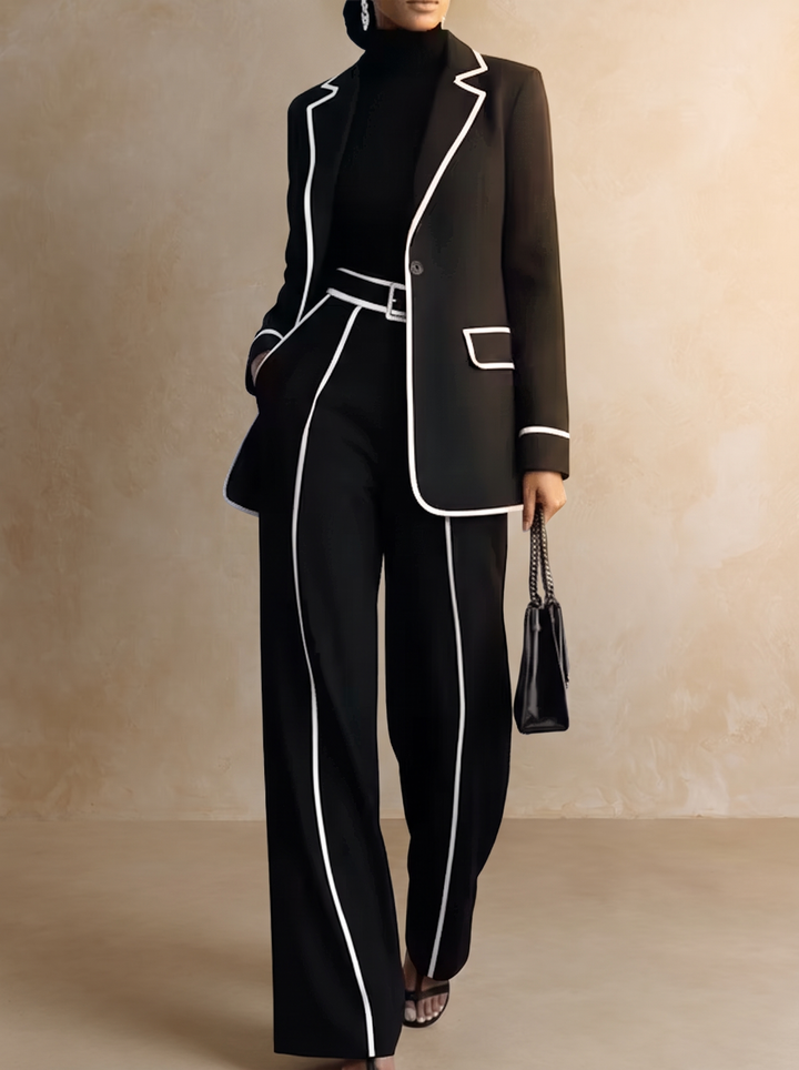 Claudia | Ensemble de Deux Pièces de Blazer avec Bordure en Contraste Noir et Pantalon à Jambe Large