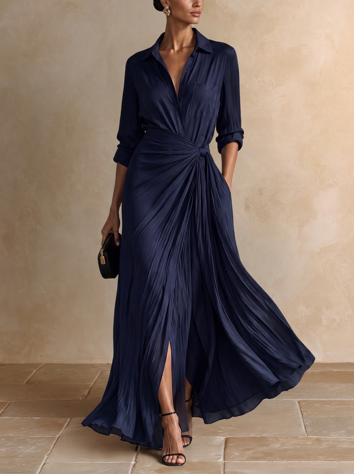 Gabriella | Élégant Robe Chemise Maxi Bleu Marine Nouée