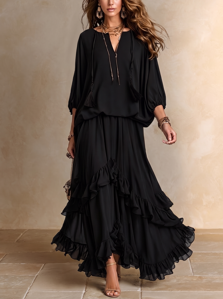 Elvira | Ensemble de Top en Gaze Noir avec Décolleté en V et Franges Combiné avec Jupe à Volants en Couches