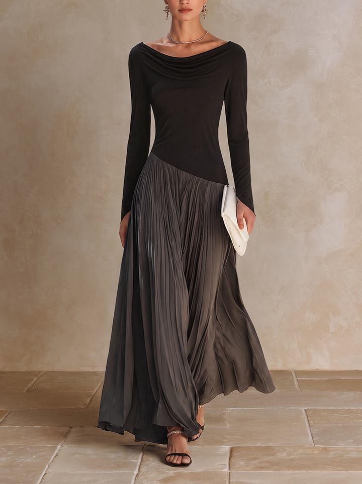 Marina | Robe Maxi Plissée avec Col Drapé Bicolore Noir et Gris