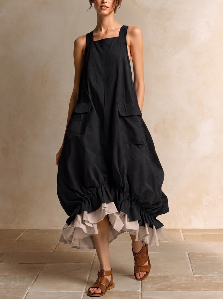 Daniela | Robe Midi Bouffante Sans Manches avec Grandes Poches, Couches et Bas Volantés