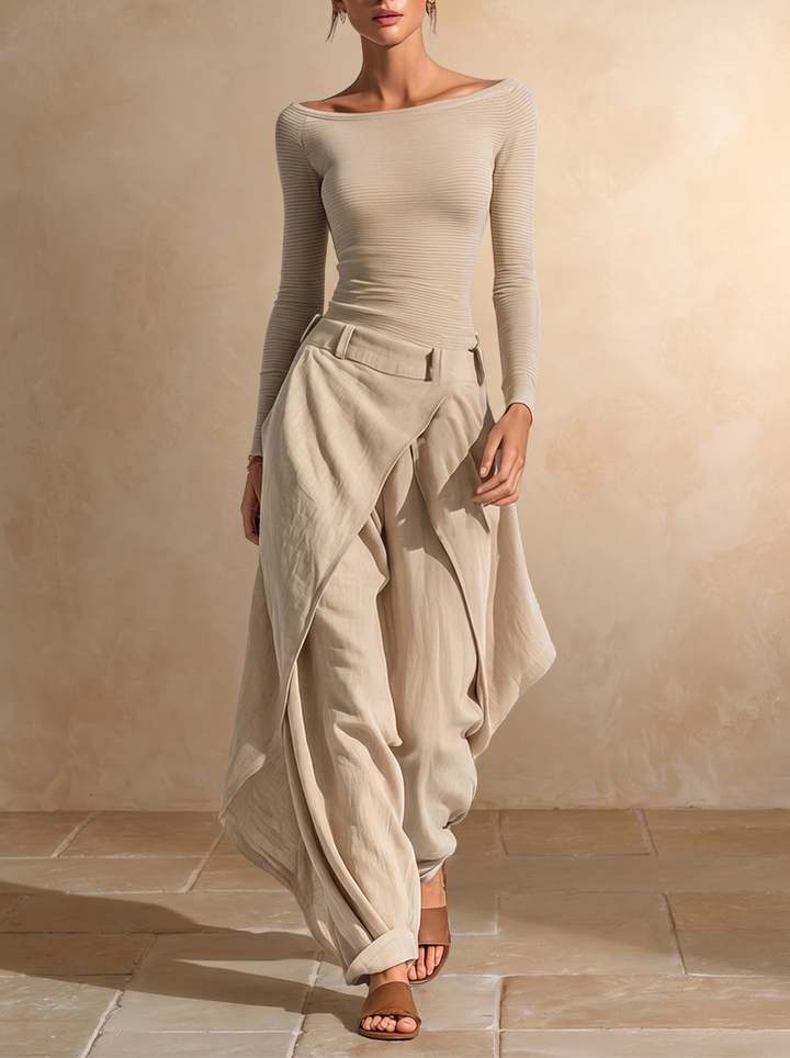 Giuliana | Ensemble de Haut Beige à Col Bateau et Pantalon à Jambe Large en Couches