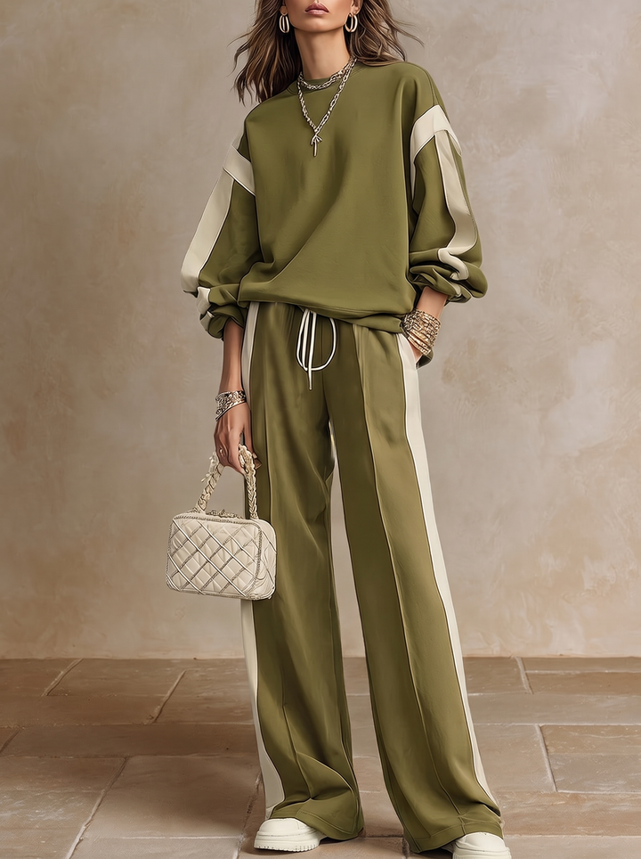 Sonia | Ensemble Décontracté en Sweat à Capuche Vert Olive à Col Rond et Pantalon Large avec Cordons