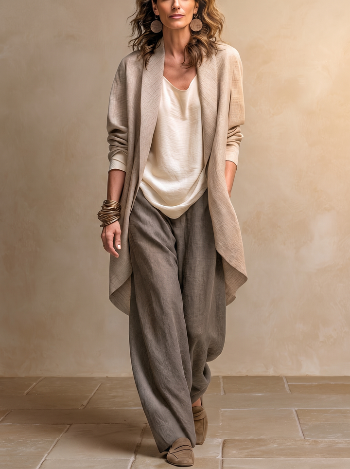 Costanza | Ensemble de Trois Pièces Beige et Gris, Casual en Couches, avec Pantalon Palazzo, Élégant