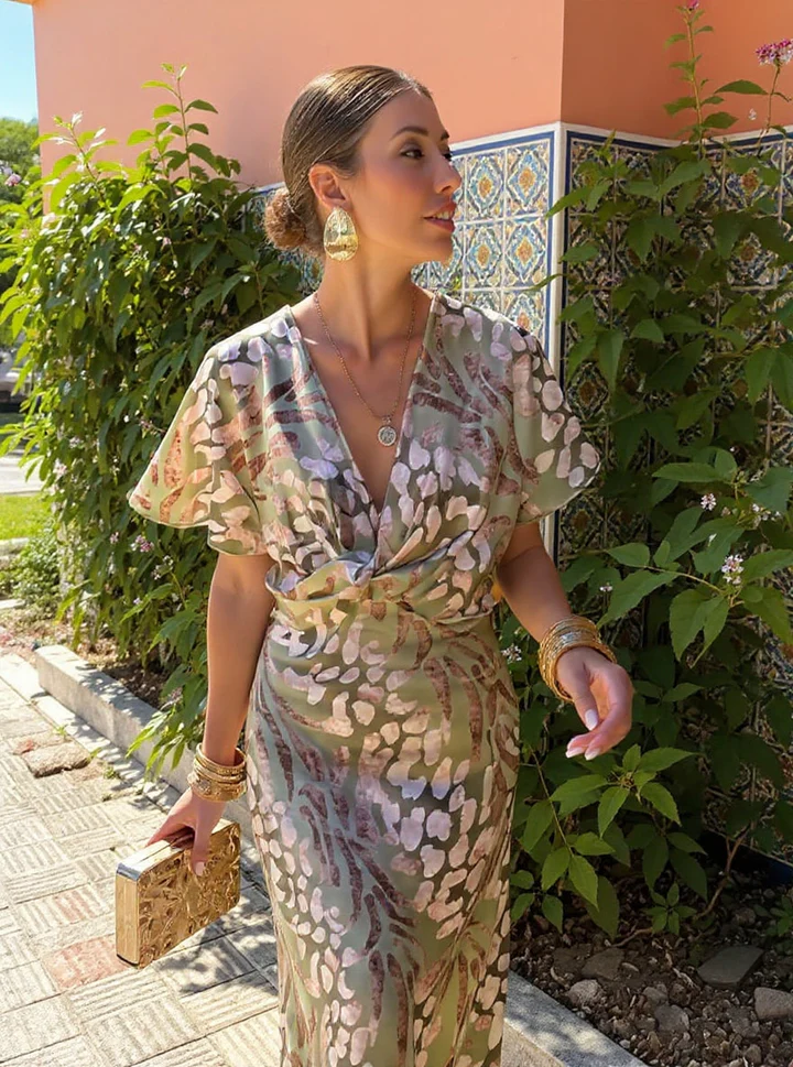 Higinia™ | Robe Midi Imprimée en Tons Cuivre