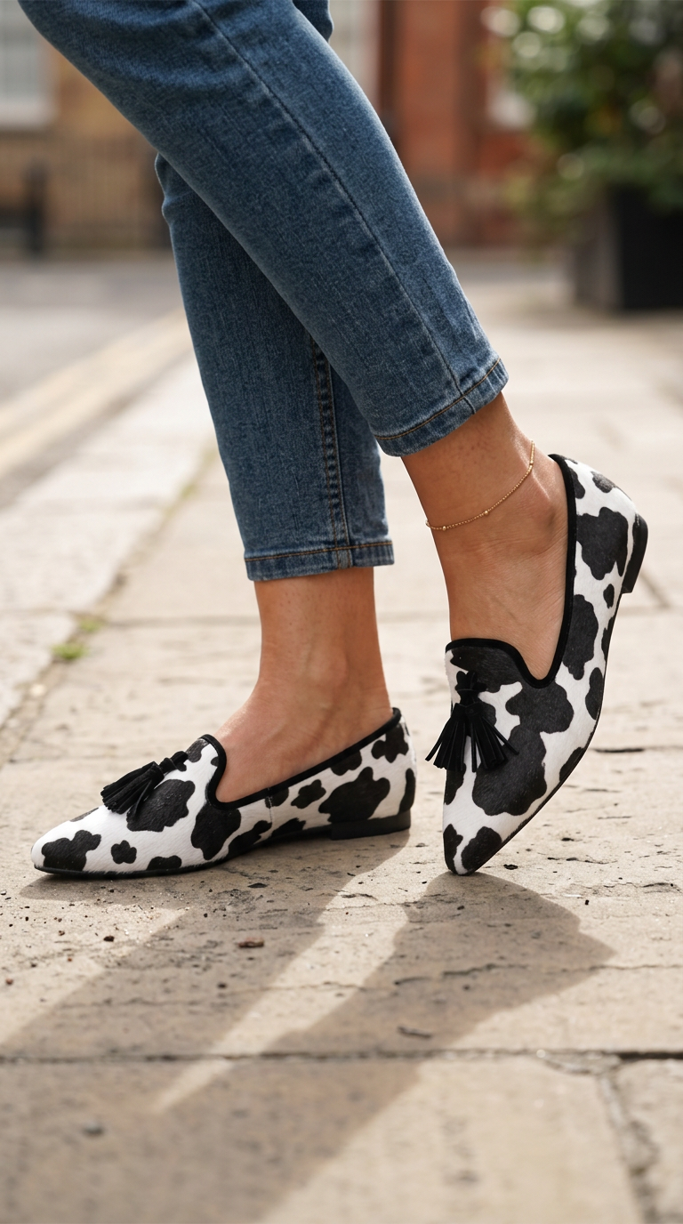 Mocassins Gênes — Vache Blanc et Noir, Pompons Noirs