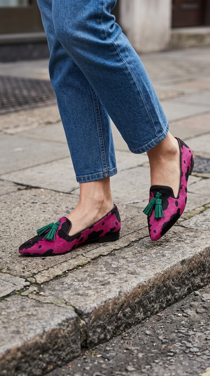 Mocassin Ginevra — Vache Fuchsia, Pompons Verts
