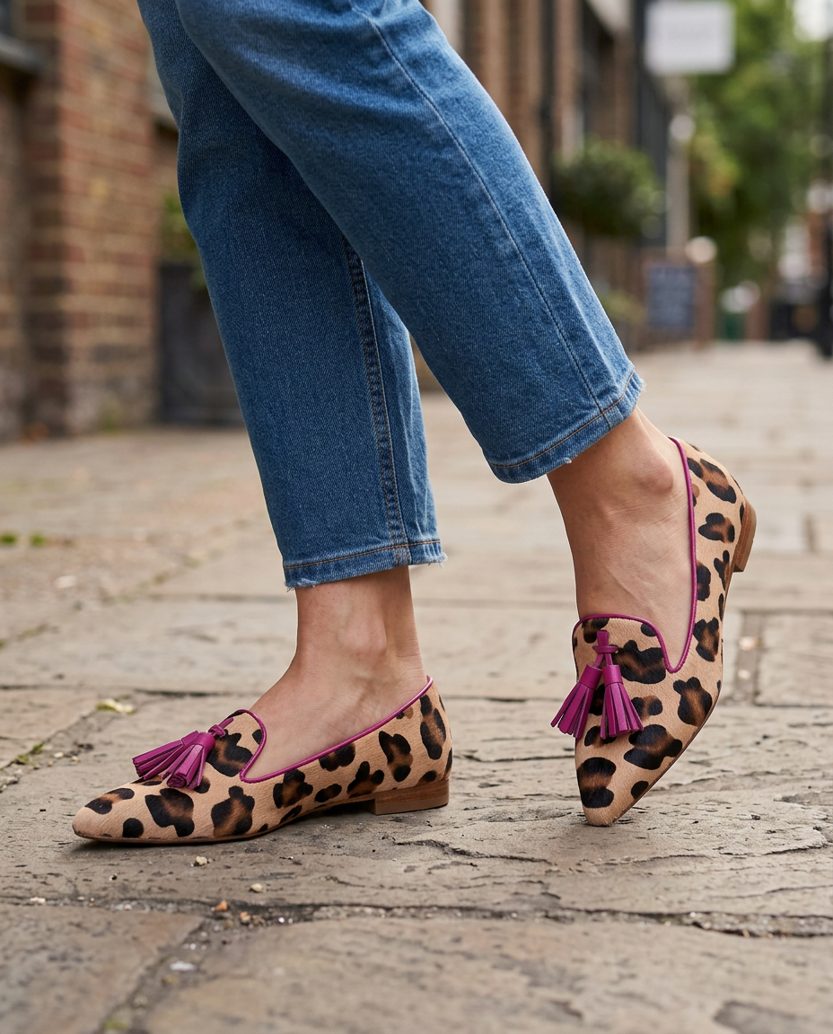 Mocassin Gênes — Léopard, Pompons Fuchsia