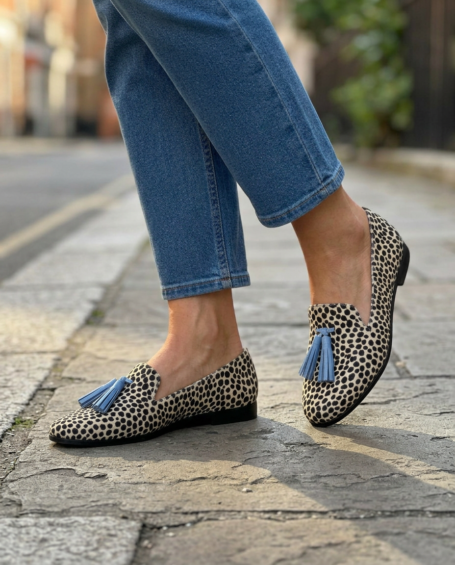 Mocassins Nadia — Léopard Blanc et Noir avec Pompons Bleus
