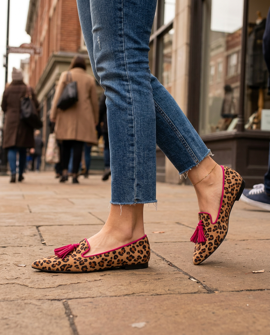 Mocassins Ginevra — Léopard Daim, Pompons Fuchsia