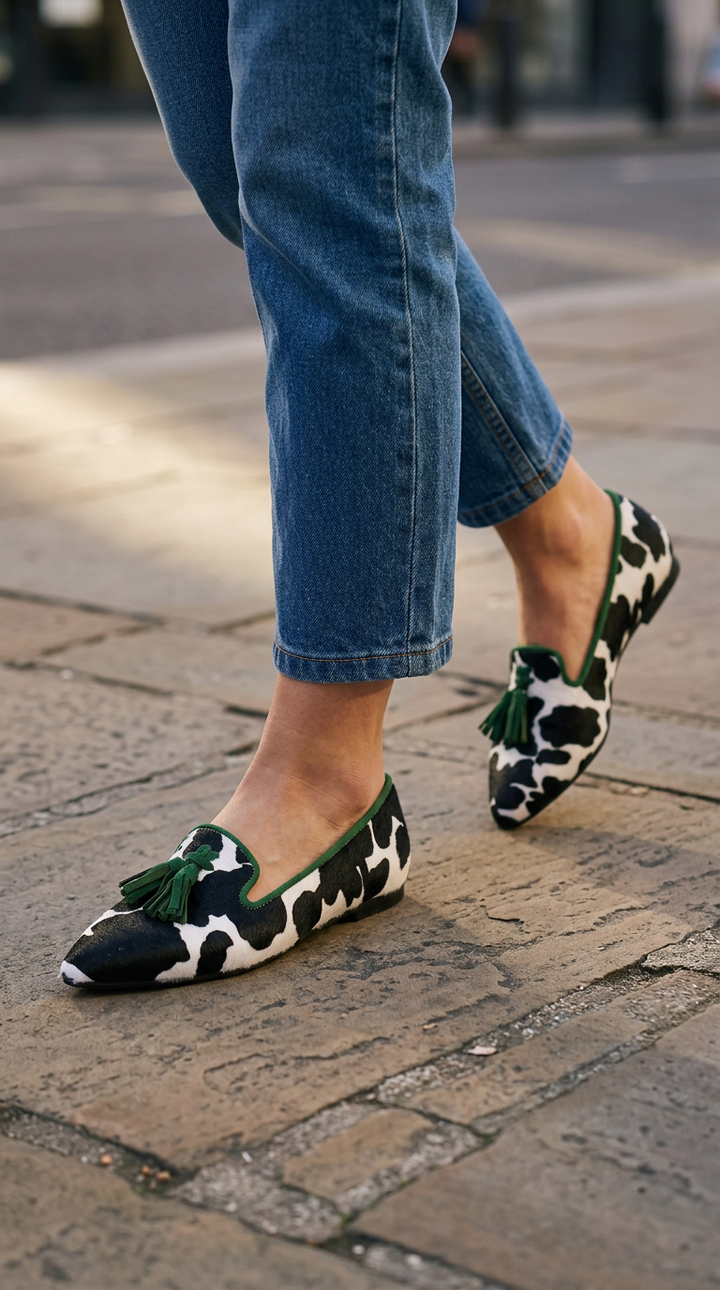 Mocassins Gênes — Vache Blanc et Noir, Pompons Verts
