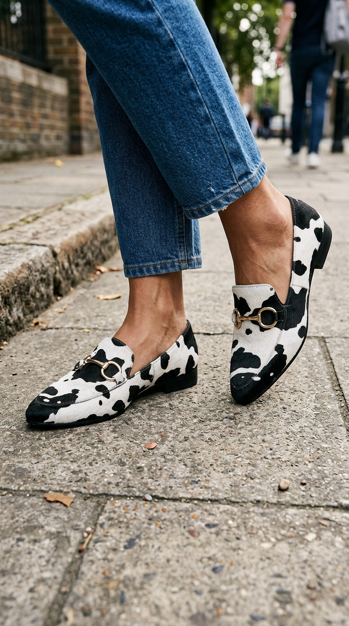 Mocassins en cuir avec poils imprimés léopard noir et blanc