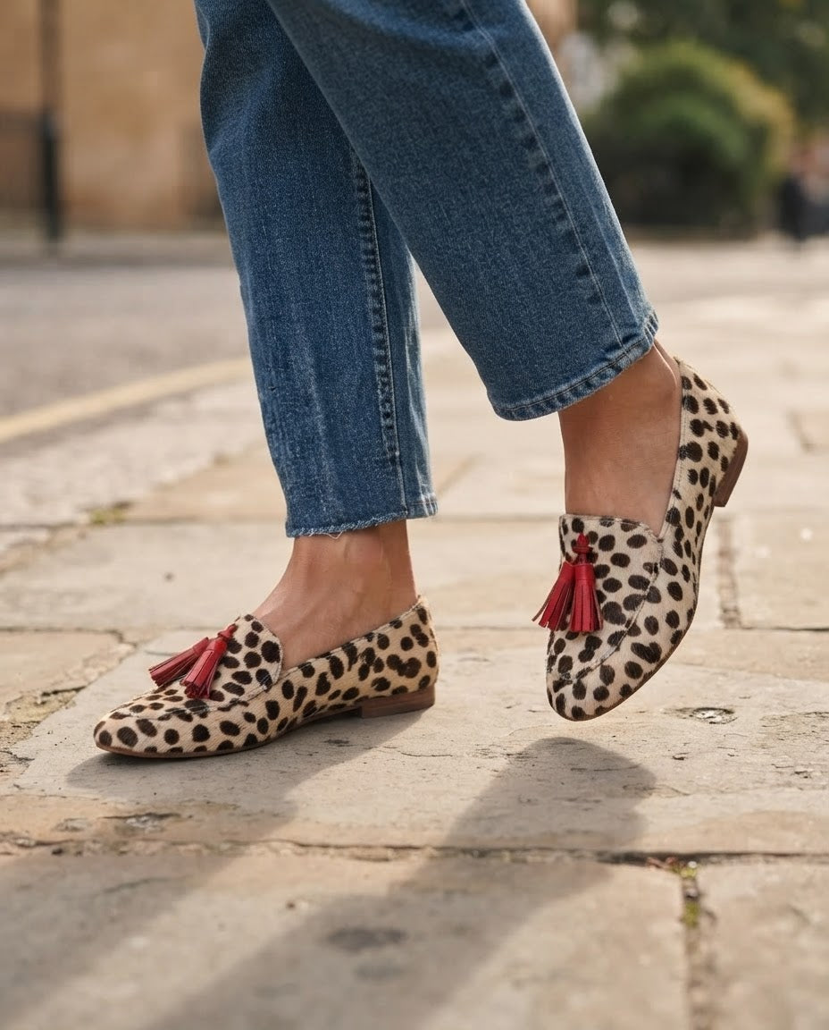 Mocassin Aurora — Pois Panna, Franges Rouges