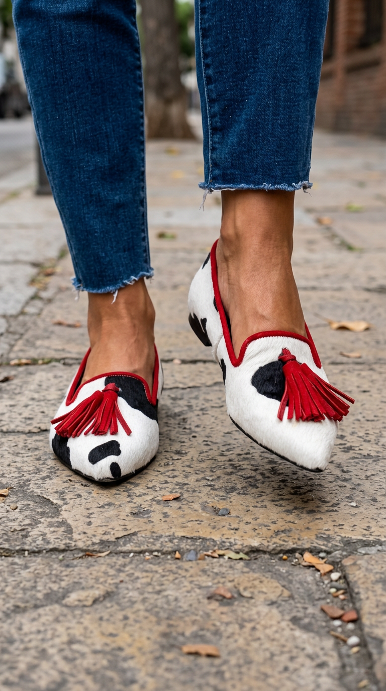 Mocassin Gênes — Vache Blanc et Noir, Pompons Rouges