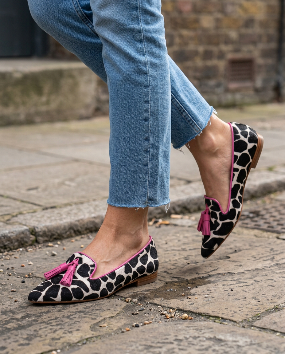 Mocassins Ginevra — Vache Noir et Blanc, Pompons Roses