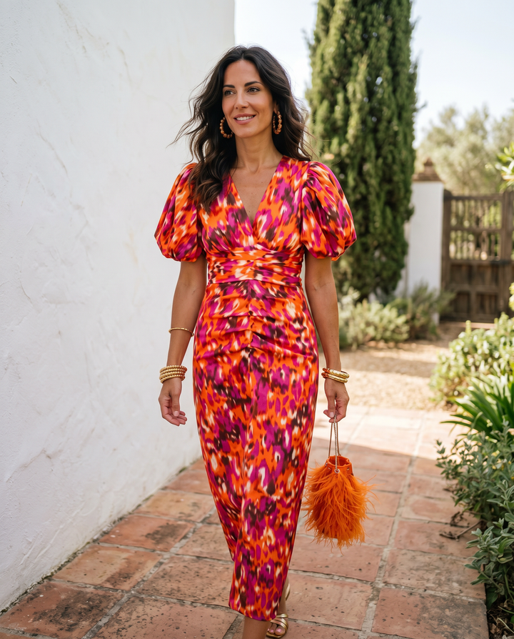 Carla™ | Robe Midi Fleurie avec Manches Bouffantes