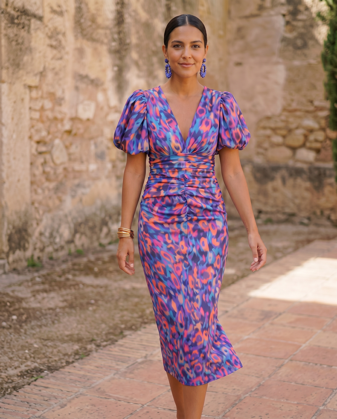 Carla™ | Robe Midi Fleurie avec Manches Bouffantes