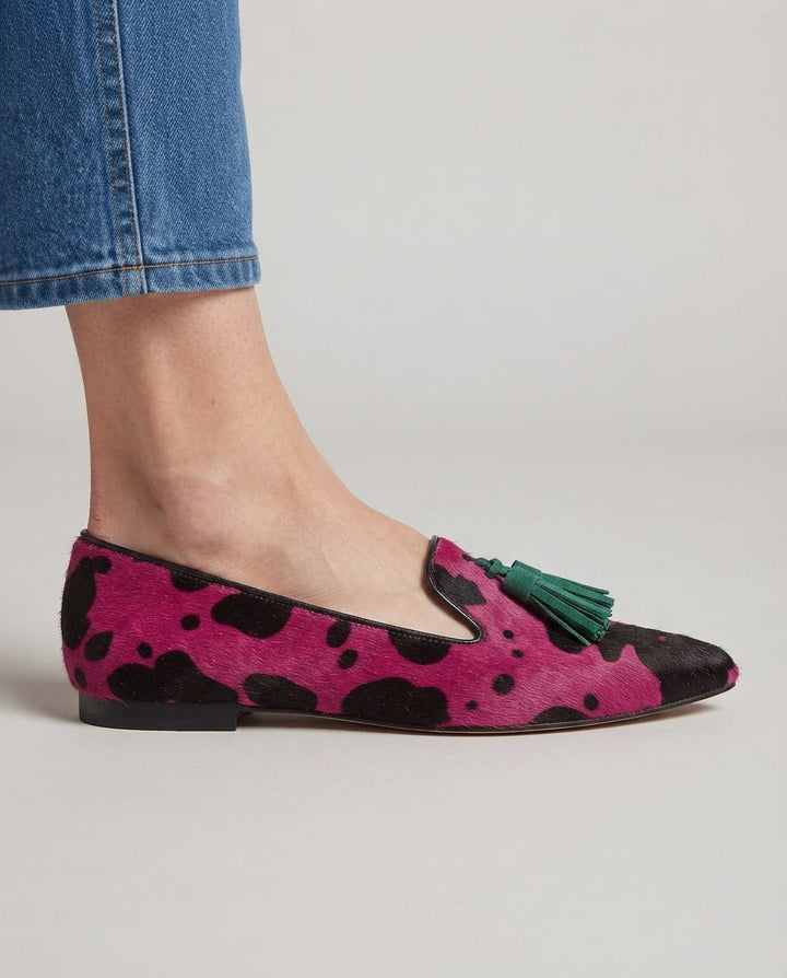 Mocassin Ginevra — Vache Fuchsia, Pompons Verts