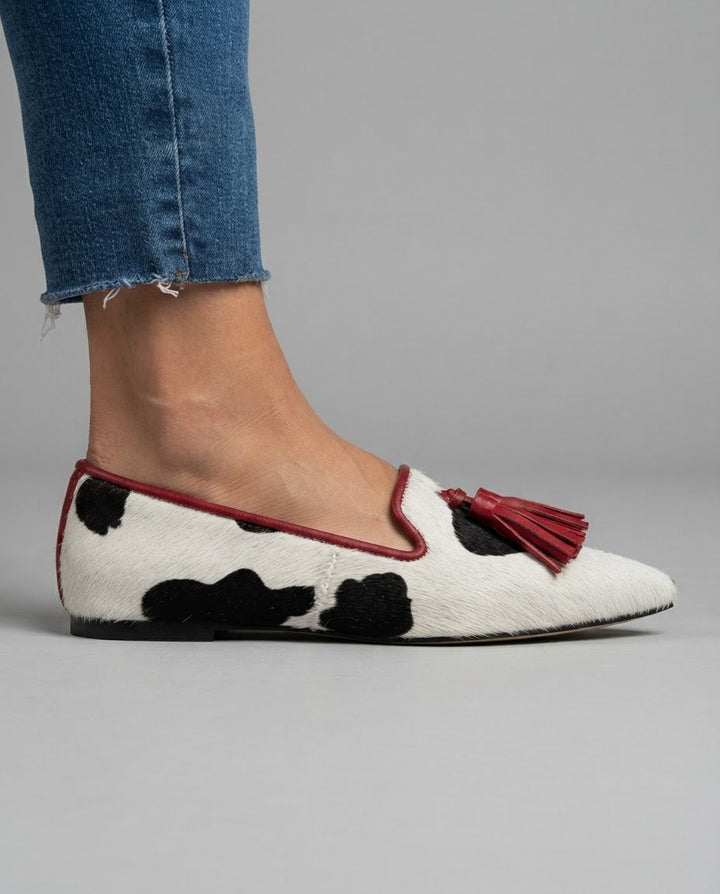Mocassin Gênes — Vache Blanc et Noir, Pompons Rouges