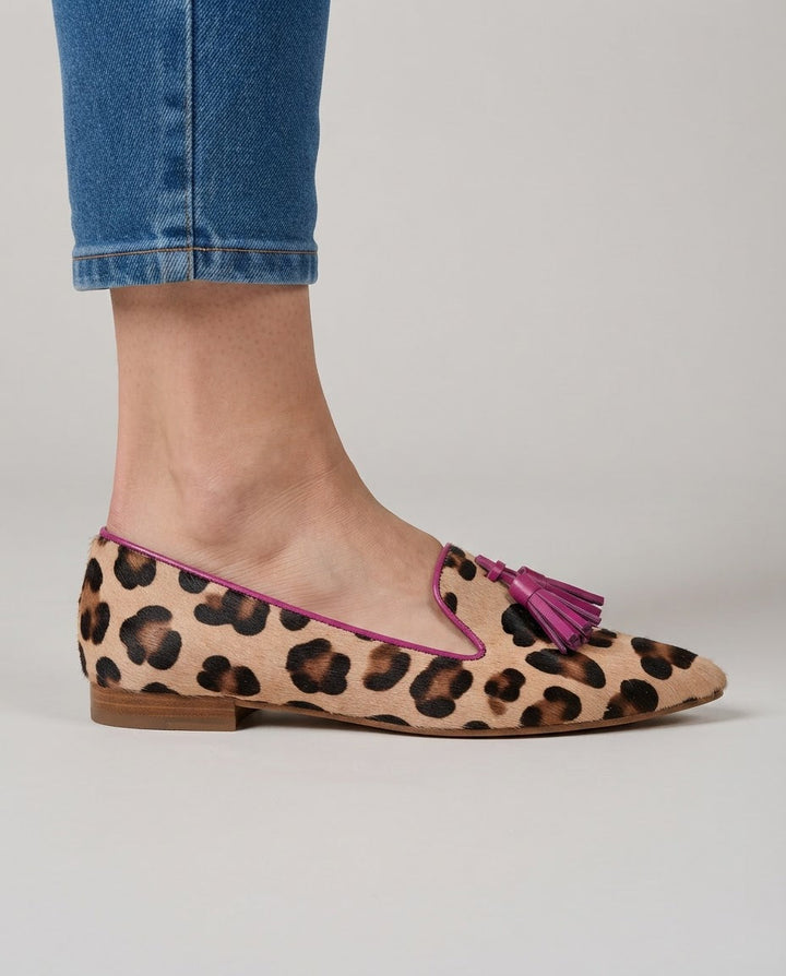 Mocassin Gênes — Léopard, Pompons Fuchsia