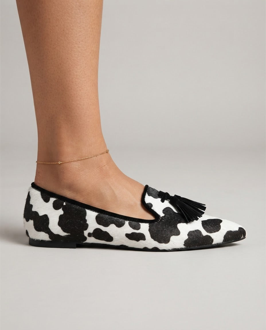 Mocassins Gênes — Vache Blanc et Noir, Pompons Noirs