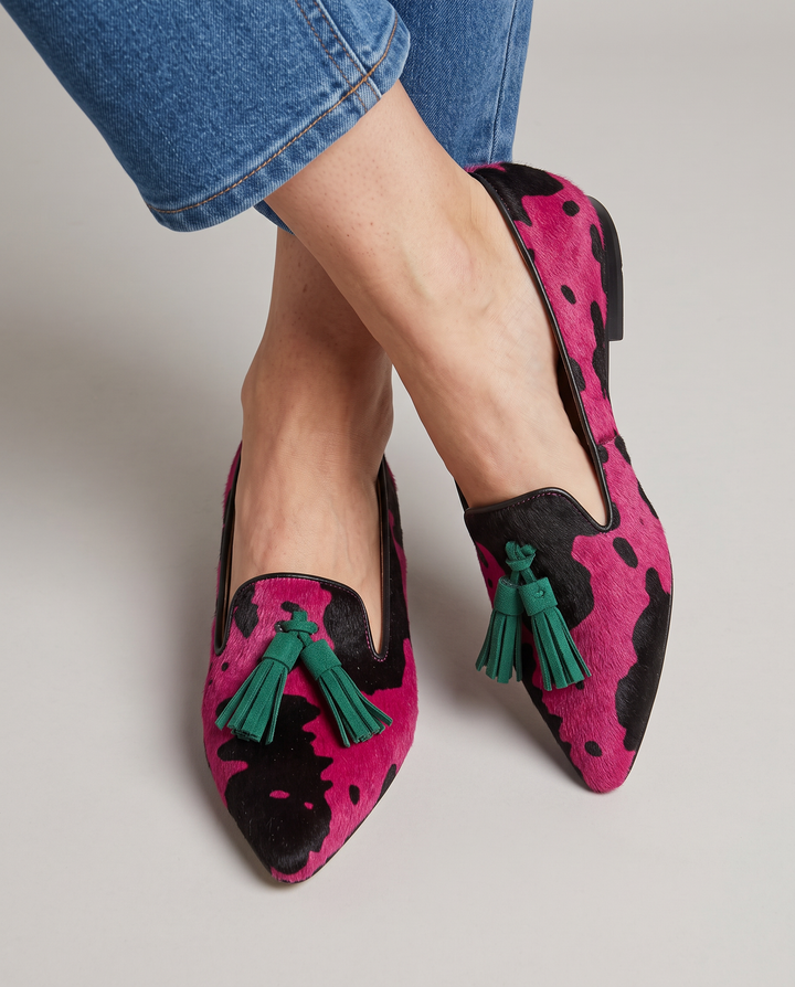 Mocassin Ginevra — Vache Fuchsia, Pompons Verts