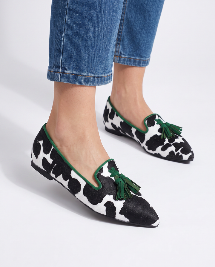 Mocassins Gênes — Vache Blanc et Noir, Pompons Verts