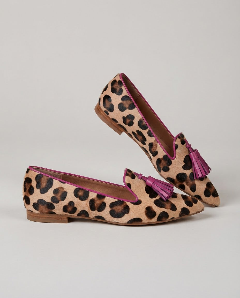 Mocassin Gênes — Léopard, Pompons Fuchsia