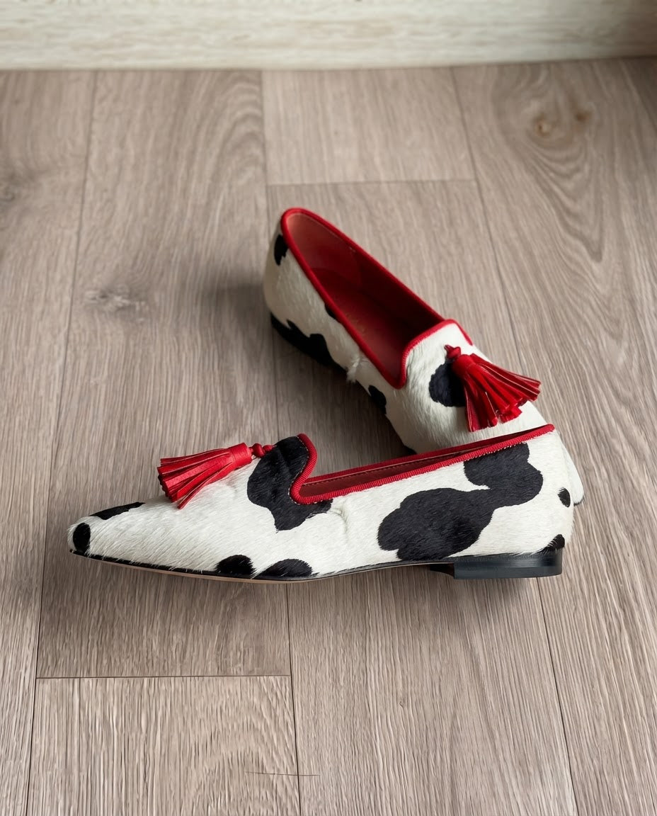 Mocassin Gênes — Vache Blanc et Noir, Pompons Rouges